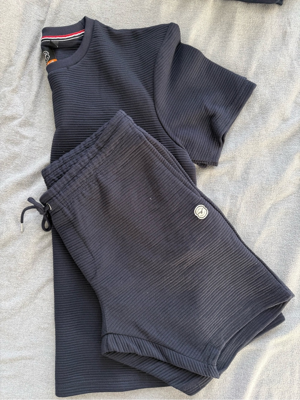 Men's Ribbed Athletic Drawstring Shorts and Matching Tee- Dark Blue